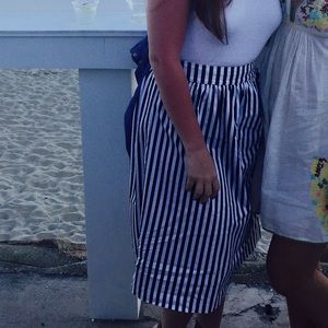 Striped navy and white midi skirt